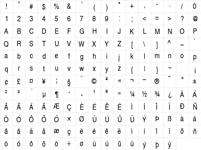Helvetica-Narrow Normal  glyph index