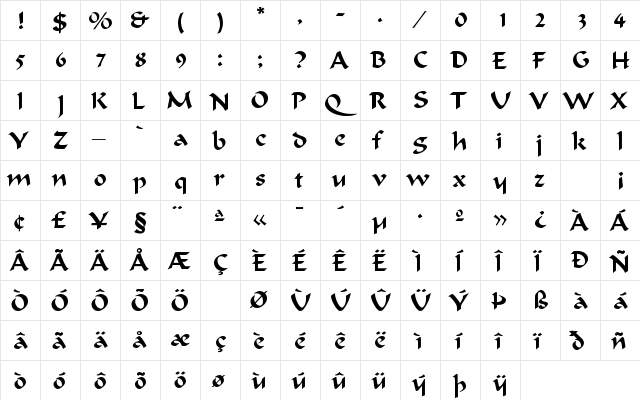 Calligraphic Regular  glyph index