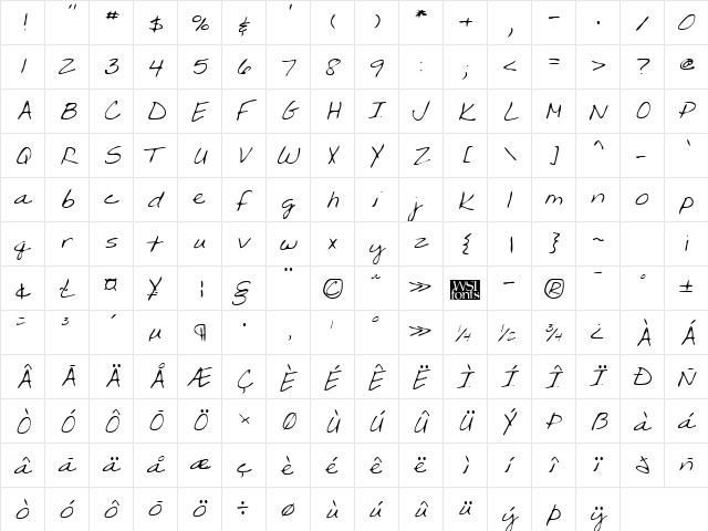 MyrasHand Regular  glyph index