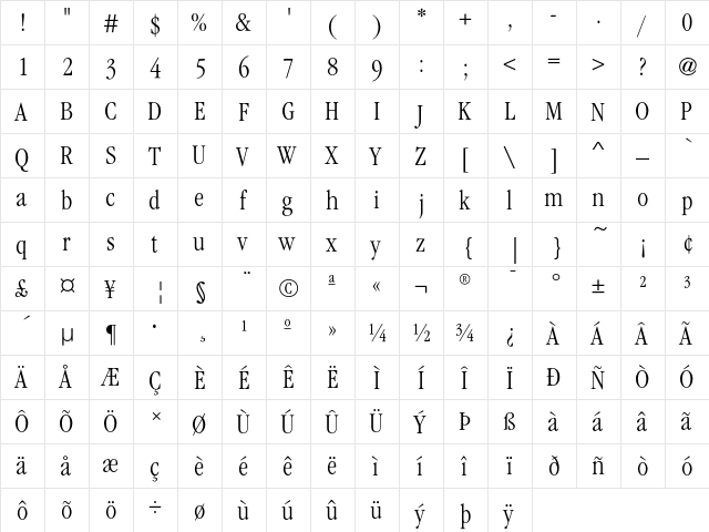 GaramondEF LightCondensed  glyph index