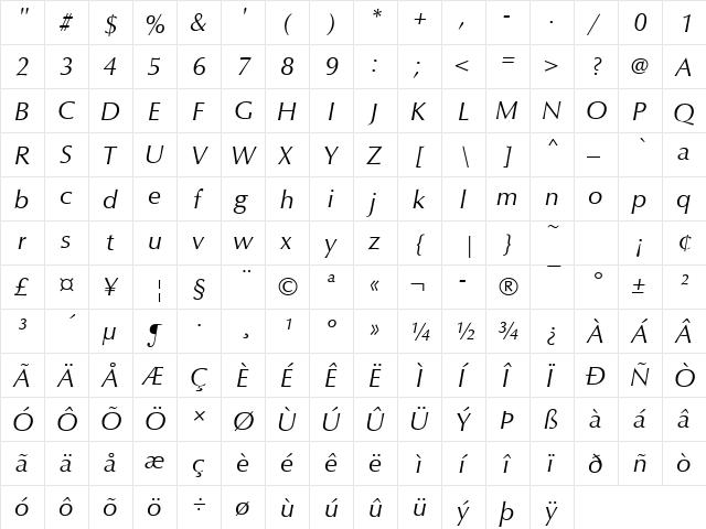 Classico Becker Italic  glyph index