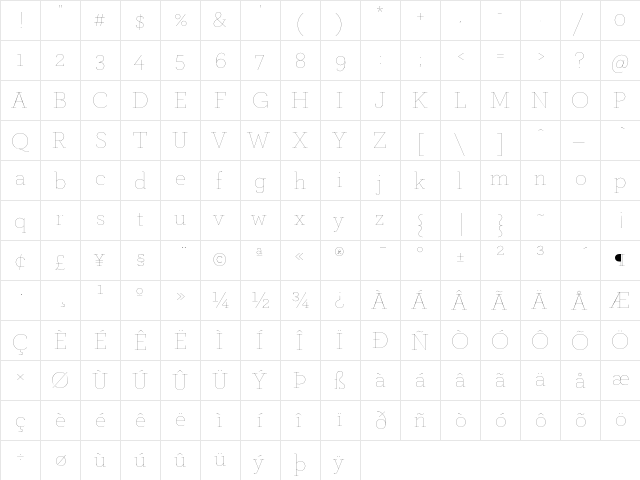 Archer Hairline  glyph index