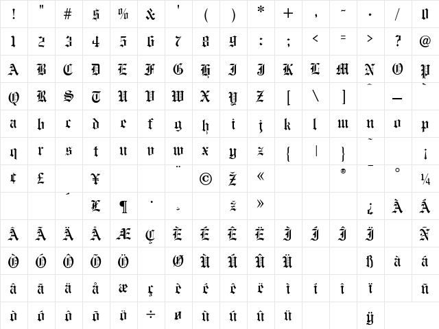 Engravers Old English Normal  glyph index