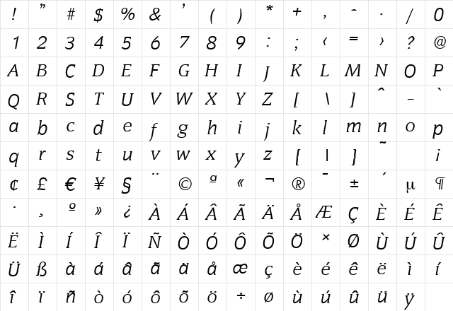 CongressSerial Italic  glyph index
