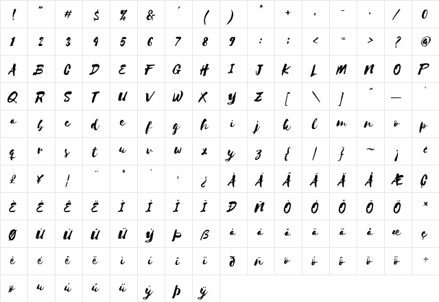 Selima Regular  glyph index