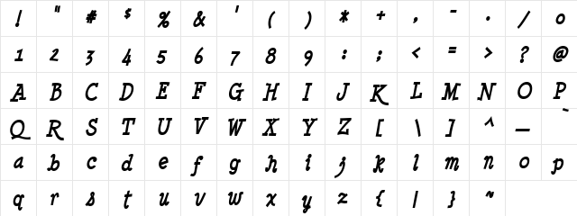 Vavak Bizpil Regular  glyph index