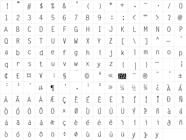 LetterGothic Regular  glyph index
