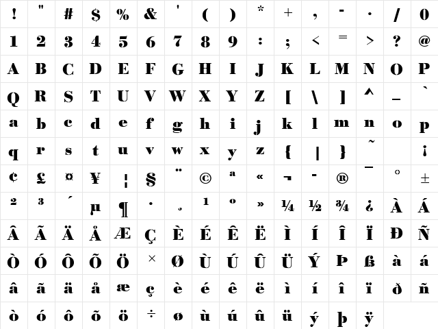 BodoniSteDBol Regular  glyph index