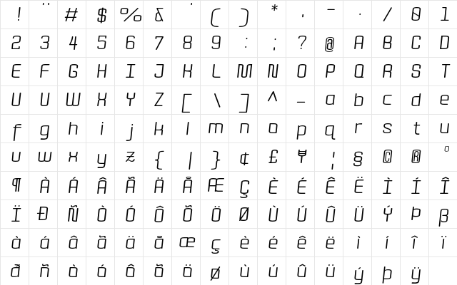 Quota Regular Italic Ext.  glyph index