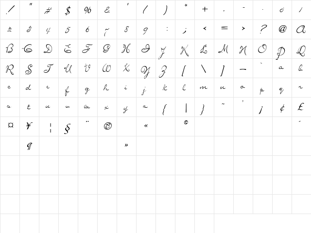 Mary Monroe Script Regular  glyph index