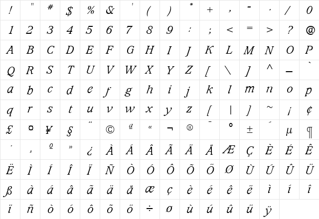 WaverlyLightItalic Roman  glyph index
