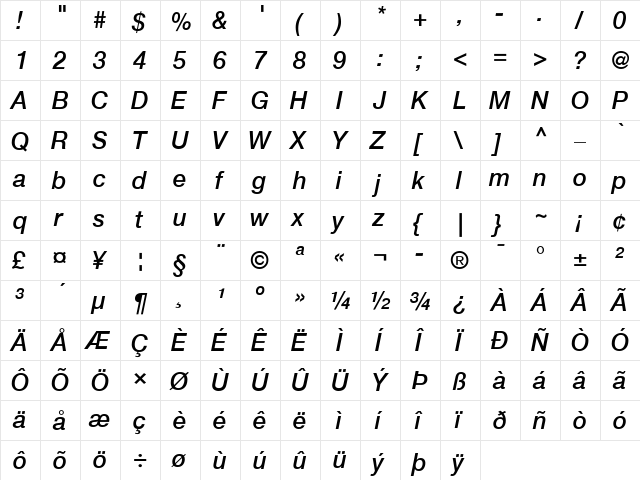 Helvetica 65 Medium Italic  glyph index