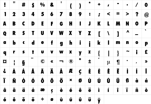 Futura Condensed BQ Regular  glyph index