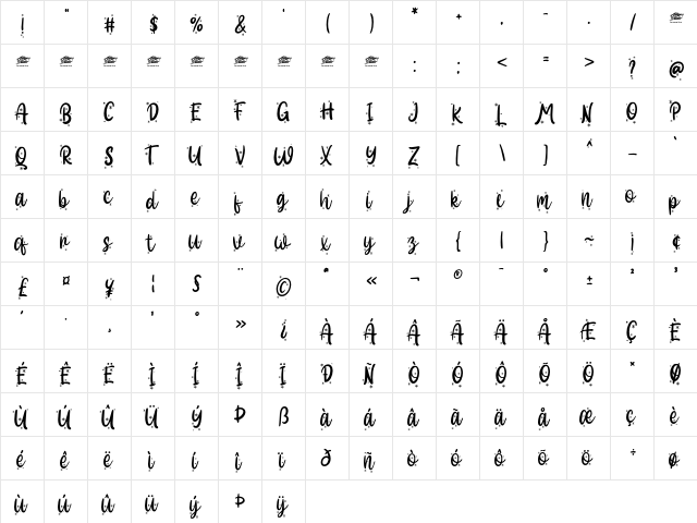 Hallo White Display - Personal Regular  glyph index