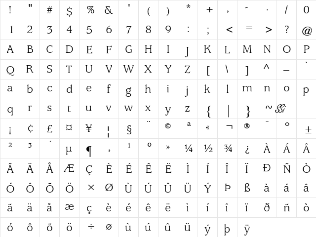 Exposition SSi Regular  glyph index