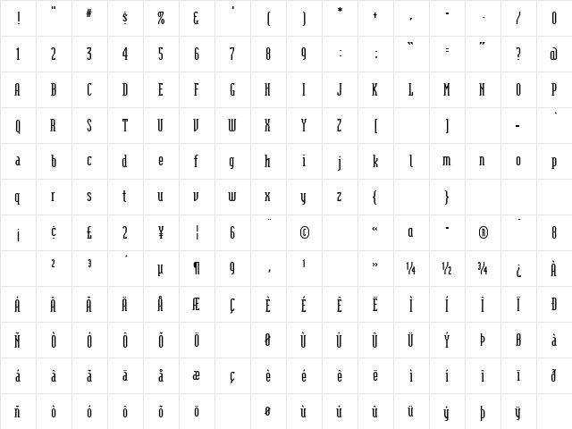 ModulaSerifBold Regular  glyph index