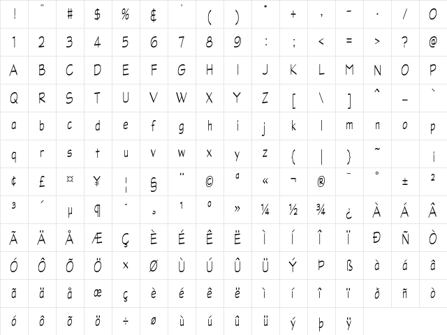 Graphite AT Narrow Light Regular  glyph index