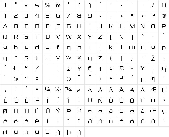 SerpentineSans-Light Regular  glyph index
