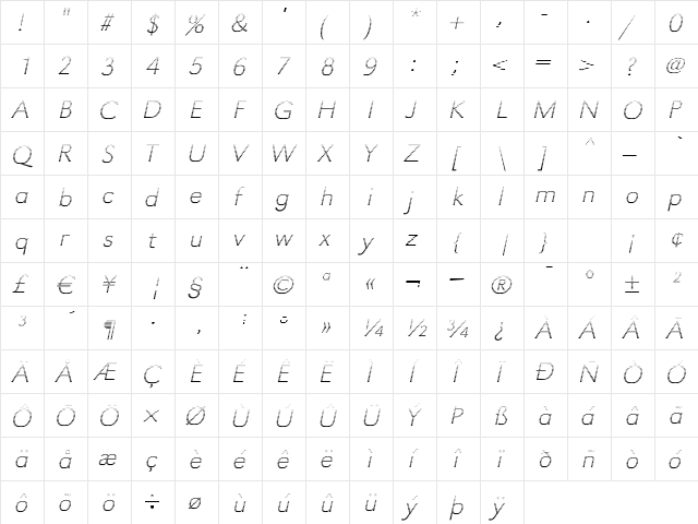TomBeckerGradientE-Xlight Italic  glyph index