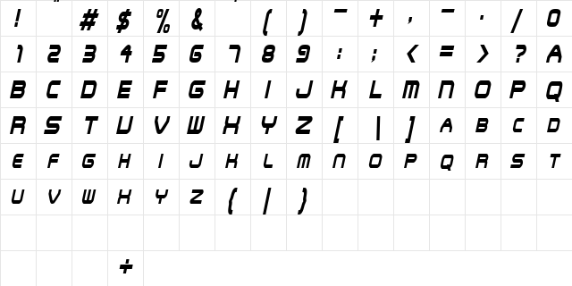 SNFUCondensed Oblique  glyph index