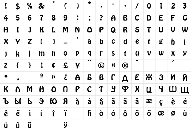 HoboR Regular  glyph index