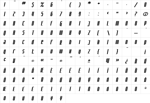 SF Iron Gothic Extended Oblique  glyph index