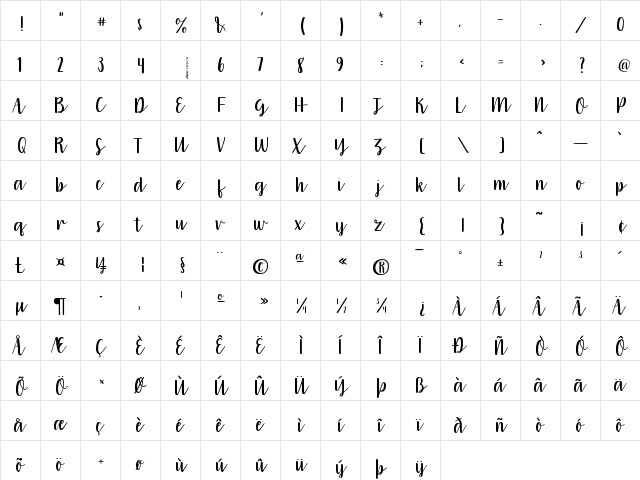212 Warmheart Demo Regular  glyph index