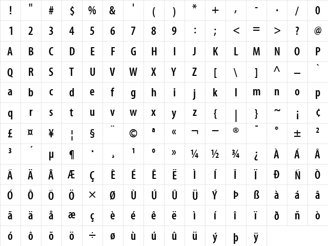 MyriadCn-SemiBold Semi Bold  glyph index