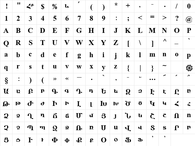ArTarumianMatenagir Bold  glyph index