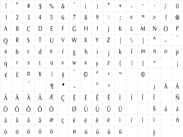 Optima Cn Regular  glyph index