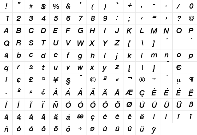 Olnova-DemiBoldIta Regular  glyph index