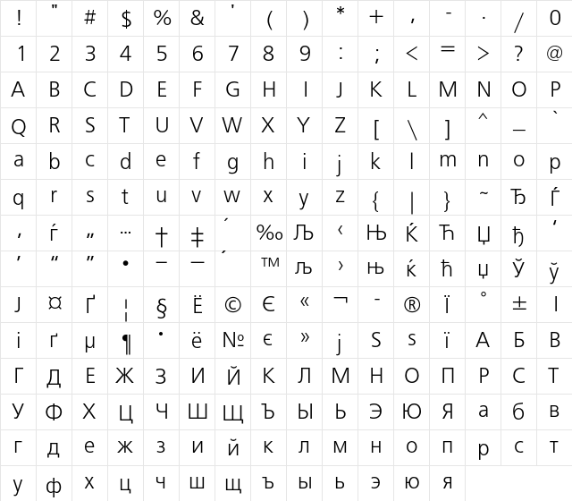 FreeSetC Regular  glyph index