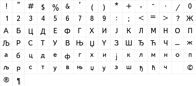 Book-Cirilica Regular  glyph index