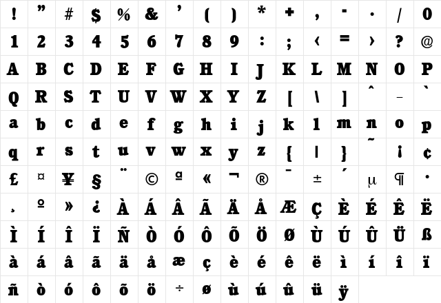 Calgary-Heavy Regular  glyph index