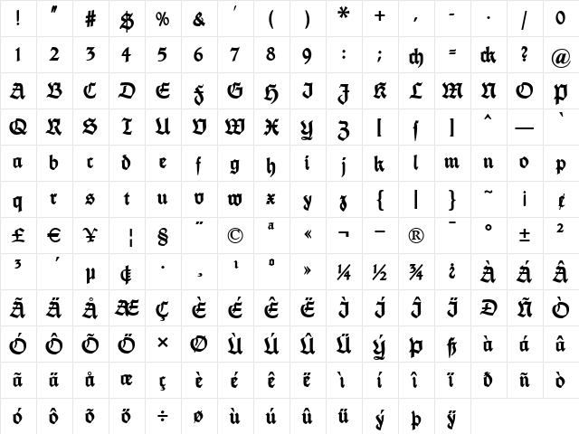 FetteThannhaeuser Regular  glyph index