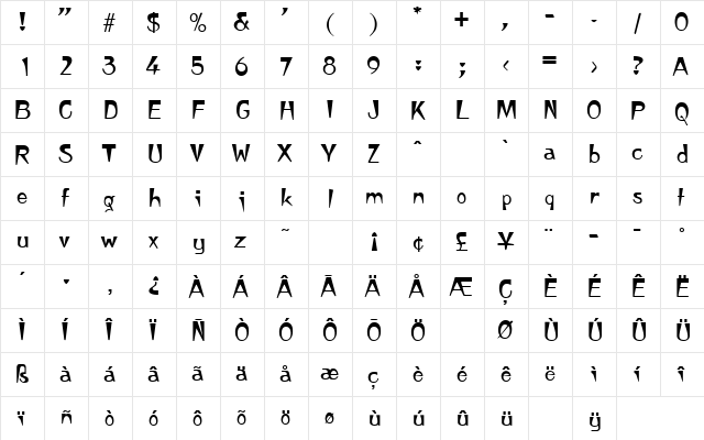 Japanette Regular  glyph index