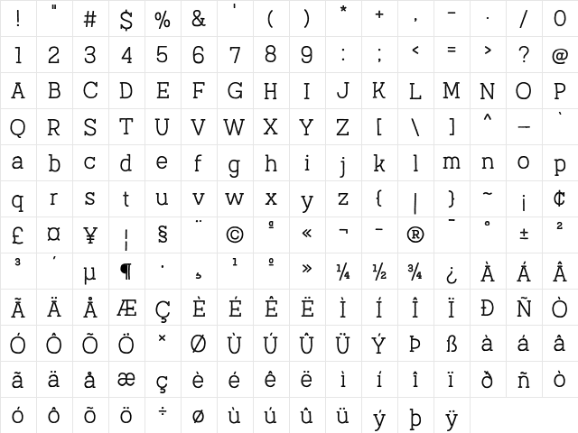 Austral Slab Stamp Light  glyph index