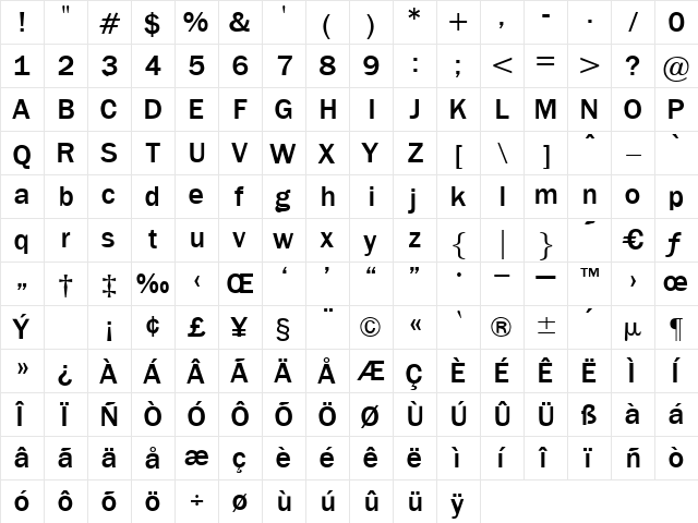 BenjaminGothicMedium Regular  glyph index