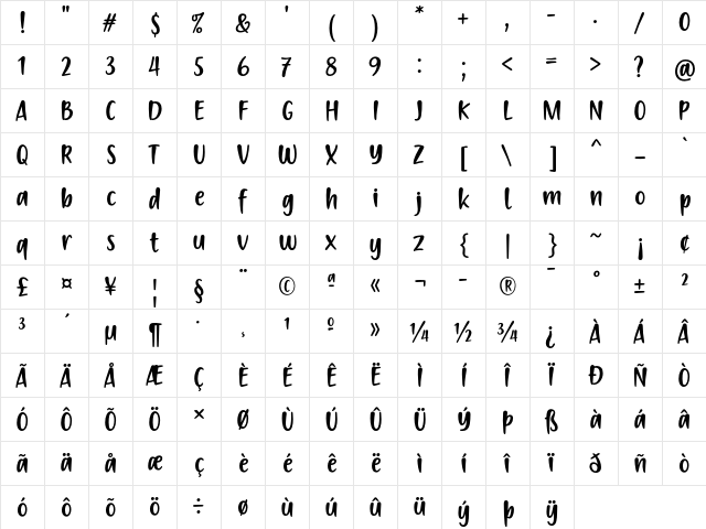 Passion to Action Regular  glyph index