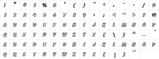 Cartoon Hollow Bold Bold  glyph index