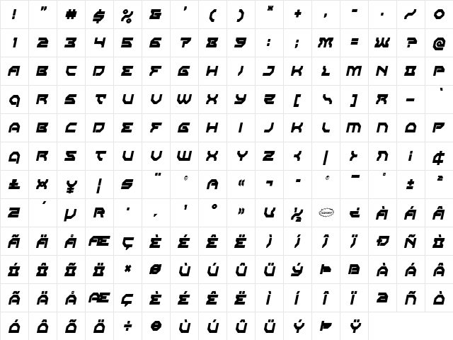 Xeno-Demon Condensed Italic Condensed Italic  glyph index