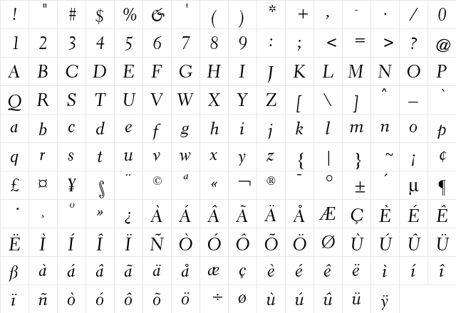 Elante CG Italic  glyph index