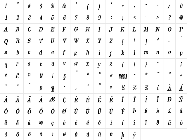 BrunineCnd BoldItalic  glyph index