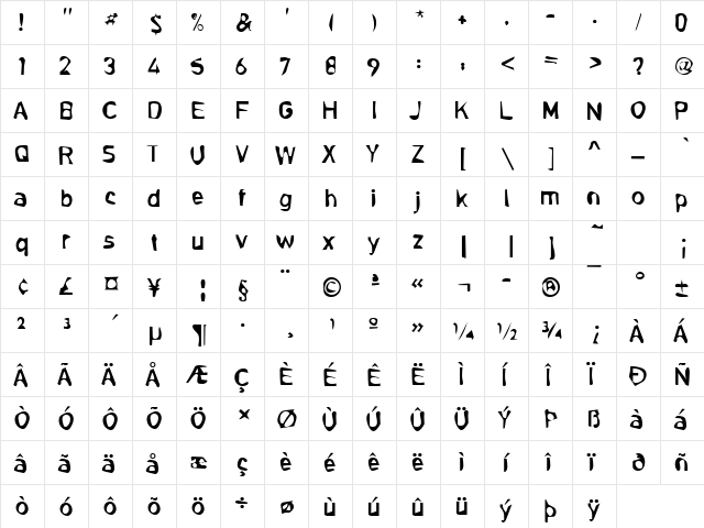 Dirty13 Becker Regular  glyph index