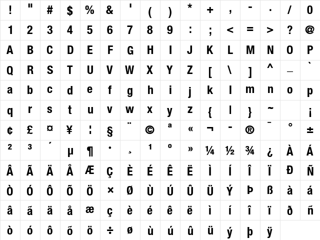Helvetica Neue LT Pro 77 Bold Condensed  glyph index