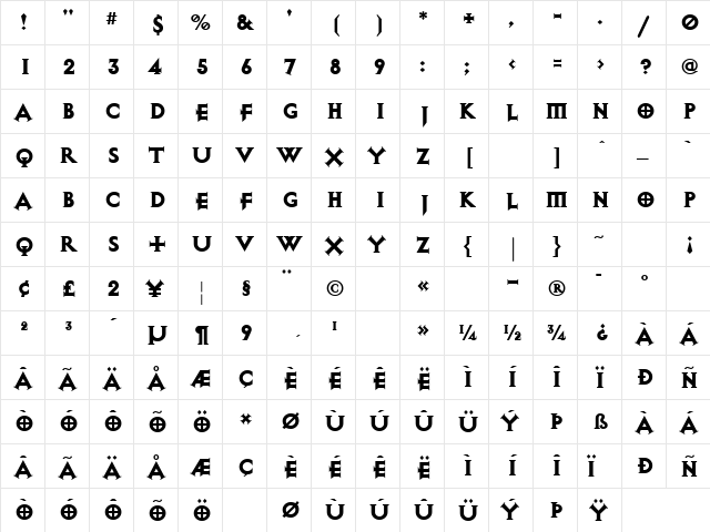 ExocetHeavy Regular  glyph index