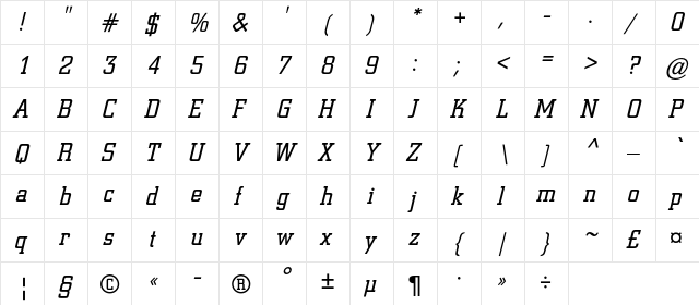 Coliseum-Italic Regular  glyph index