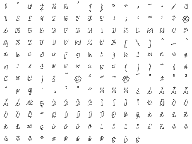 MateoOutlineBoldLL Regular  glyph index