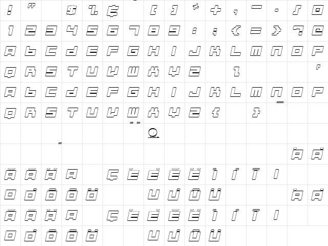 Almanaque Outline Italic  glyph index
