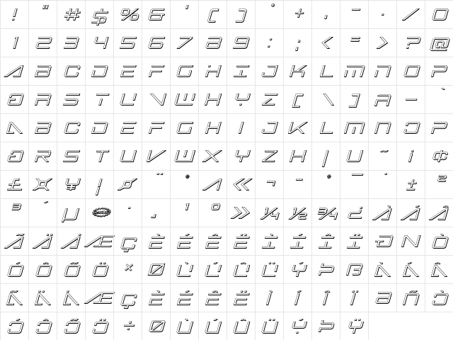 Banshee Pilot 3D Italic Italic  glyph index